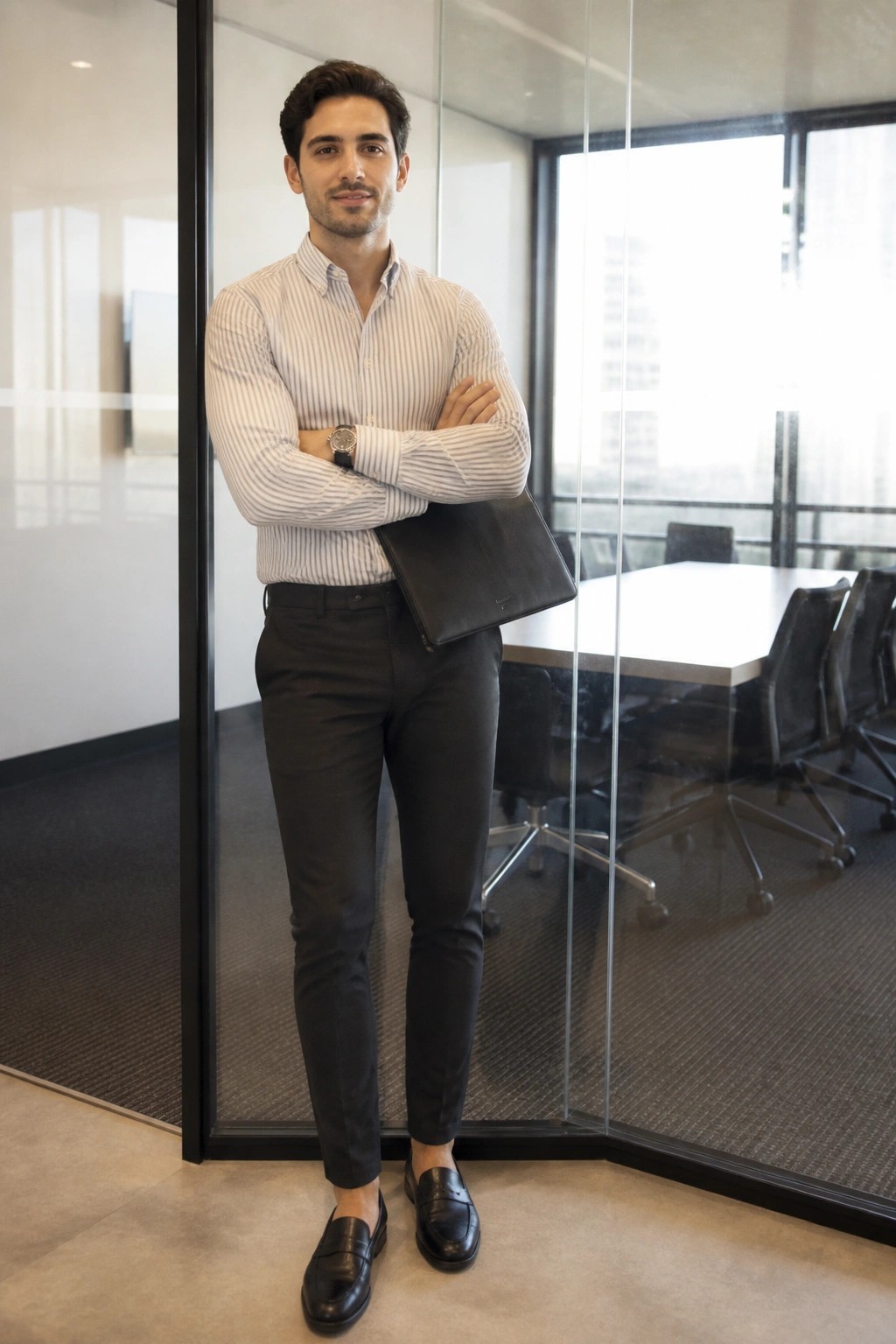 Young man in striped shirt holding black portfolio in modern office with arms crossed