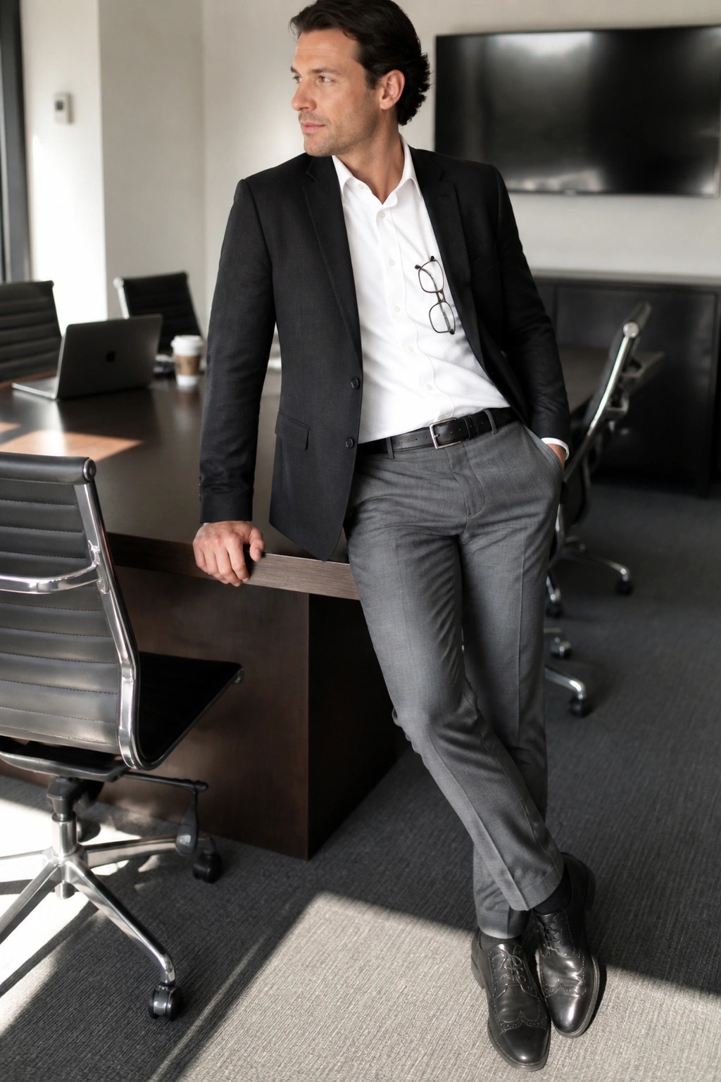 Man in black suit and gray pants leaning on conference table in office