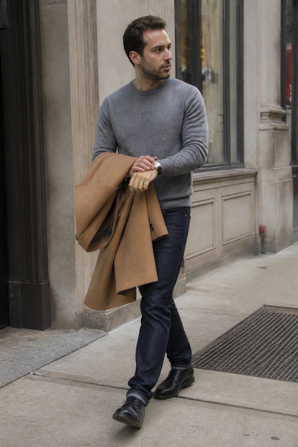 Man in gray sweater holds tan coat on city sidewalk wearing dark jeans and shoes