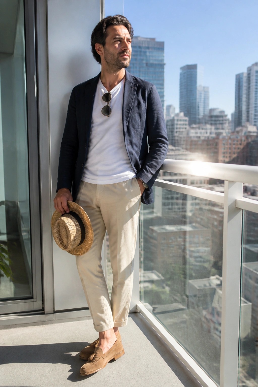 Man in navy blazer and beige pants holding straw hat on sunny balcony