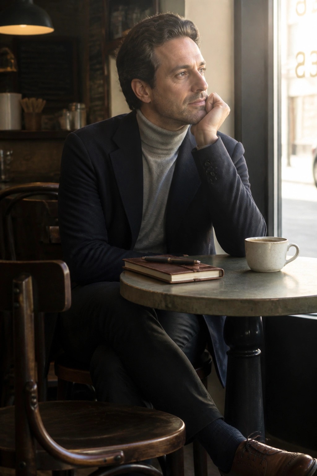 Man in navy blazer and gray turtleneck at cafe table with notebook and coffee