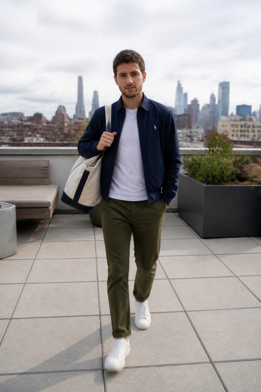 Man in navy jacket, white tee, olive pants carrying tote bag on city rooftop