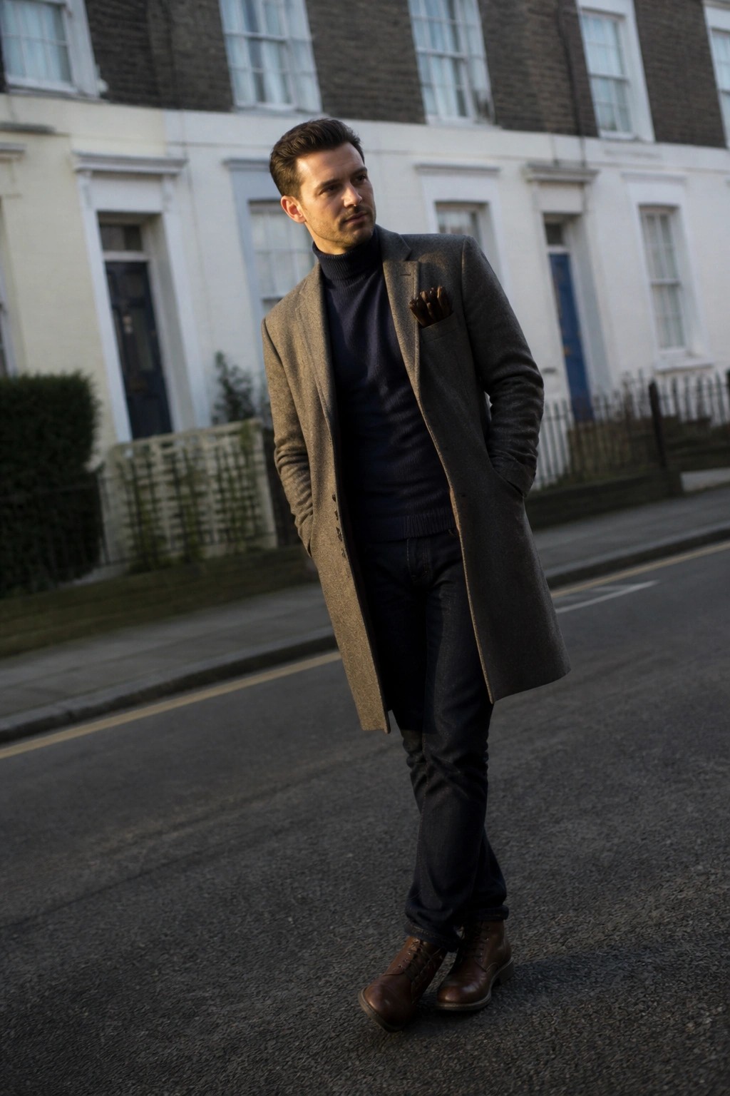 Man in gray overcoat and navy turtleneck standing on urban street with hands in pockets