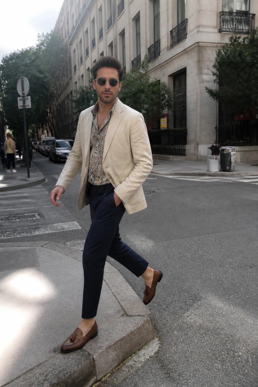 Man in beige blazer, patterned shirt, navy trousers, and loafers on city street