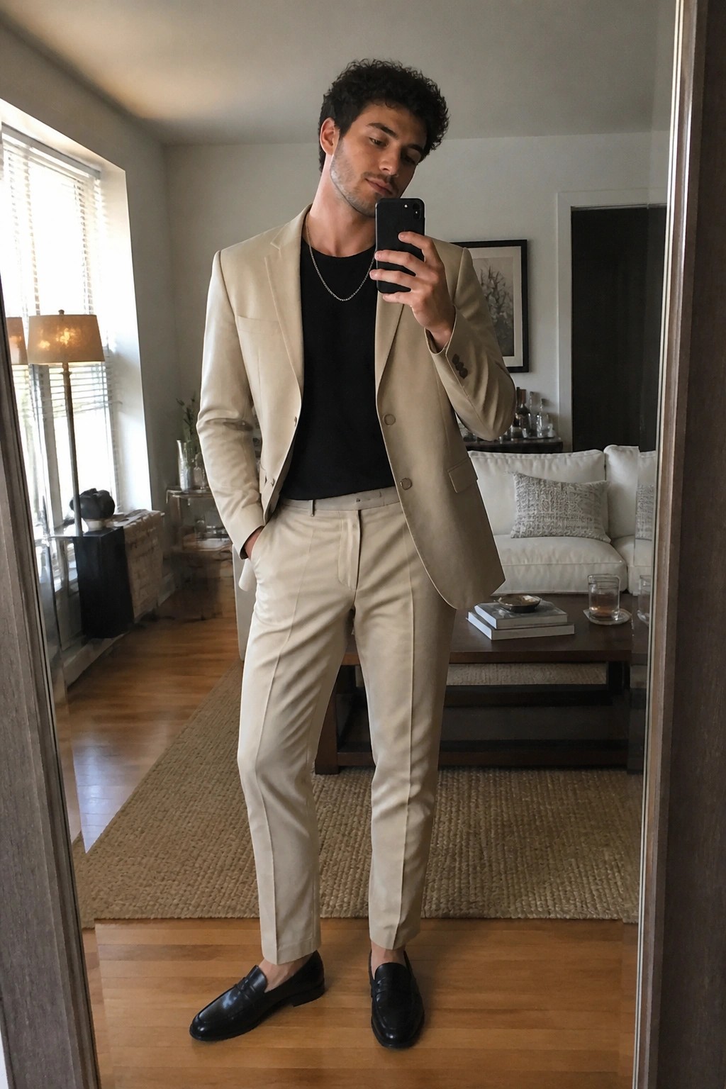 Man in beige suit and black t-shirt taking mirror selfie with phone