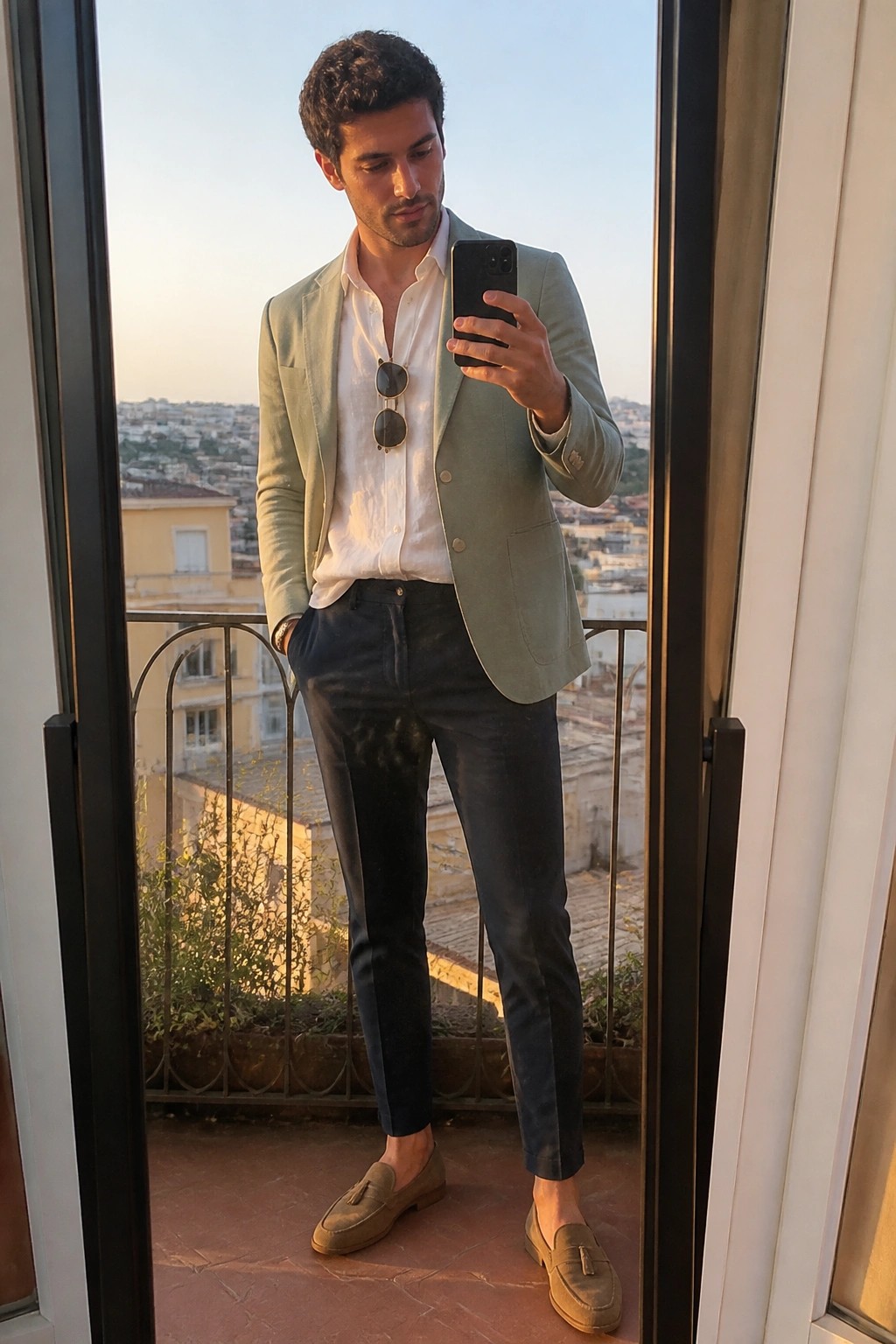 Man in sage blazer and white shirt taking selfie on city-view balcony.