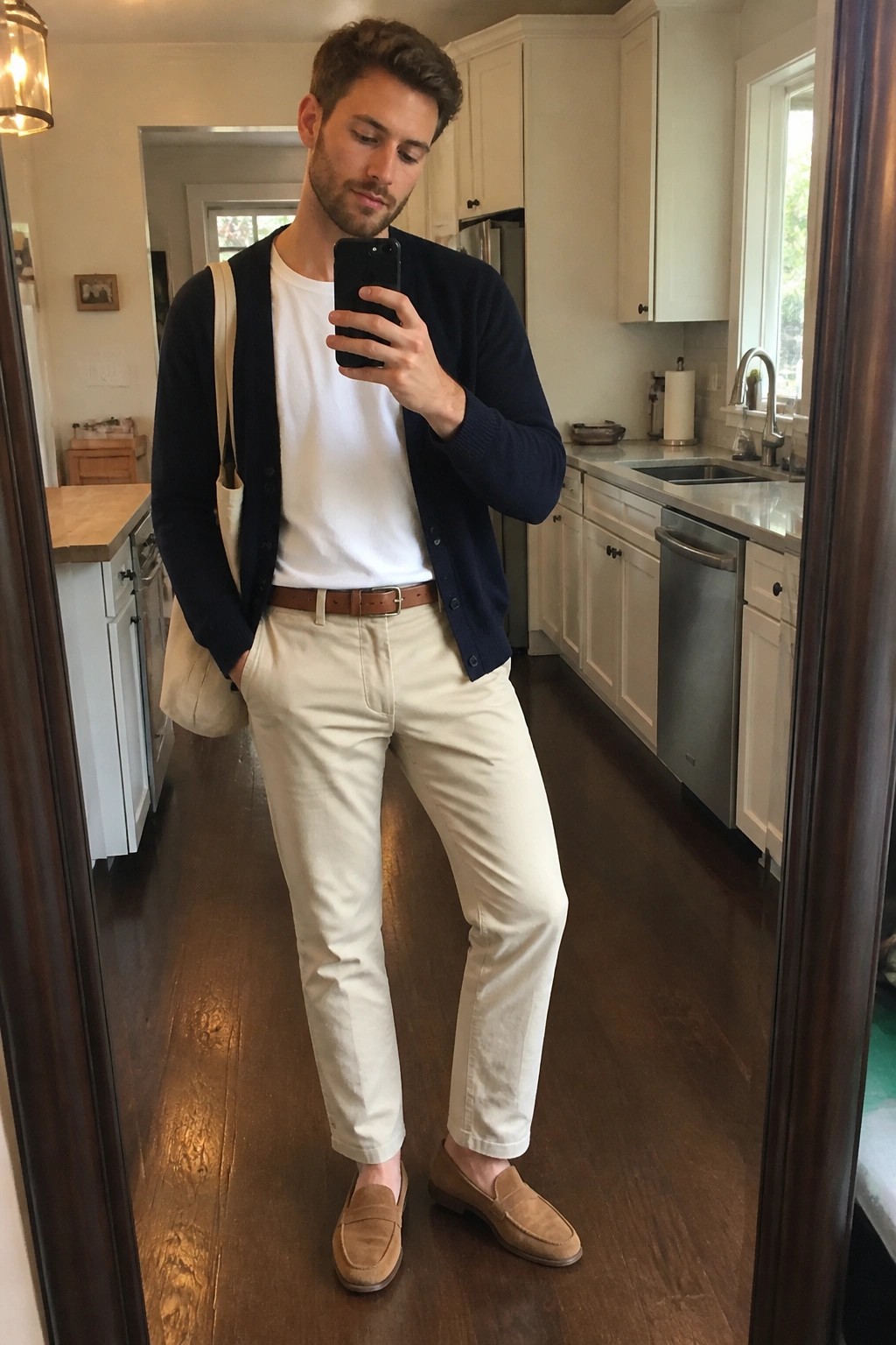 Man in navy cardigan and beige pants taking mirror selfie in kitchen