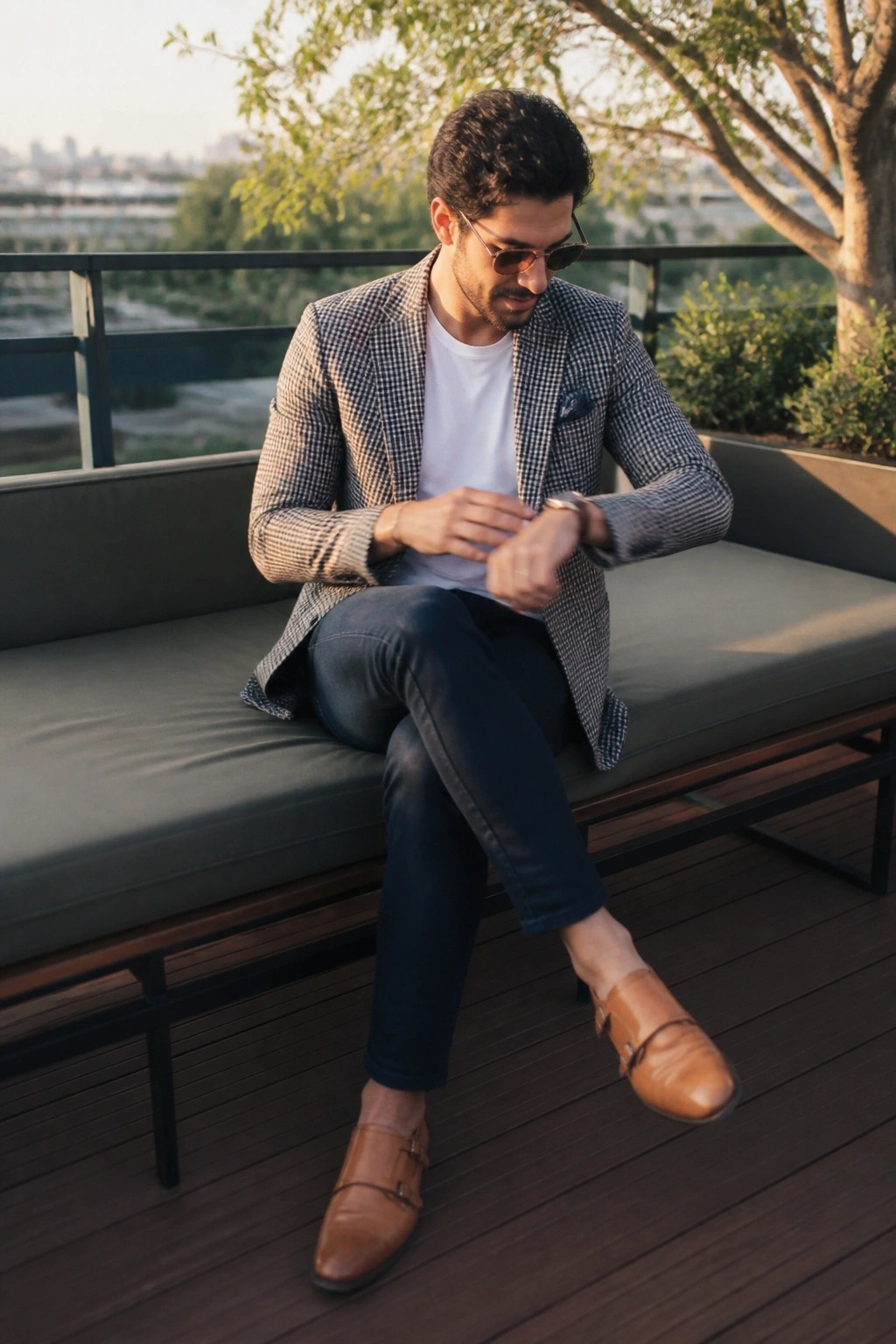 Man in checkered blazer and jeans checks watch on outdoor wooden bench