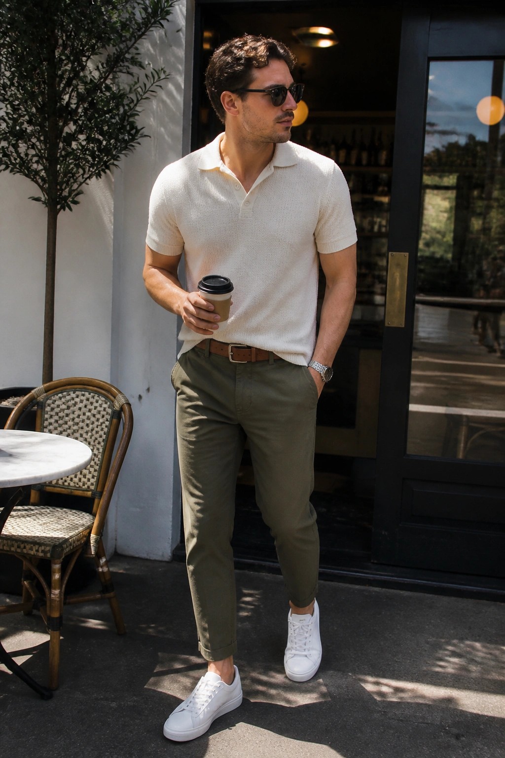 Man in cream polo shirt and olive pants holds coffee outside cafe