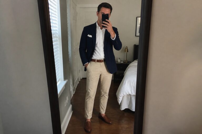 20 Versatile Men’s Smart Casual Wedding Guest Outfits for Modern Dress Codes Man in navy blazer, white shirt, and beige pants taking mirror selfie in bedroom