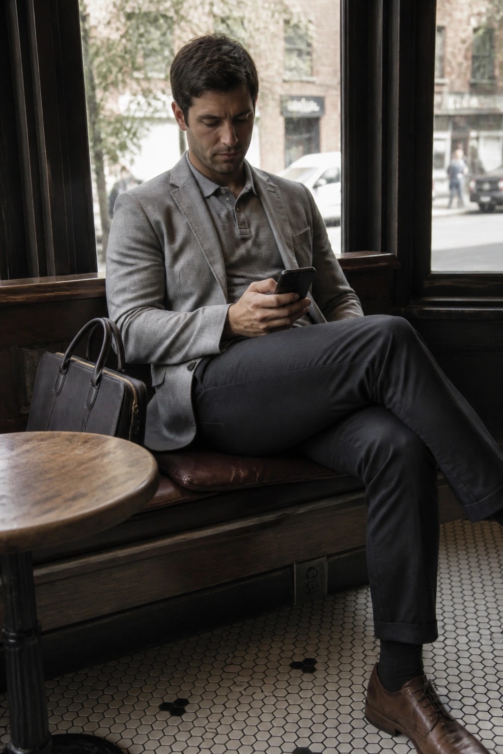 Man in gray blazer scrolling smartphone on wooden cafe bench beside leather bag