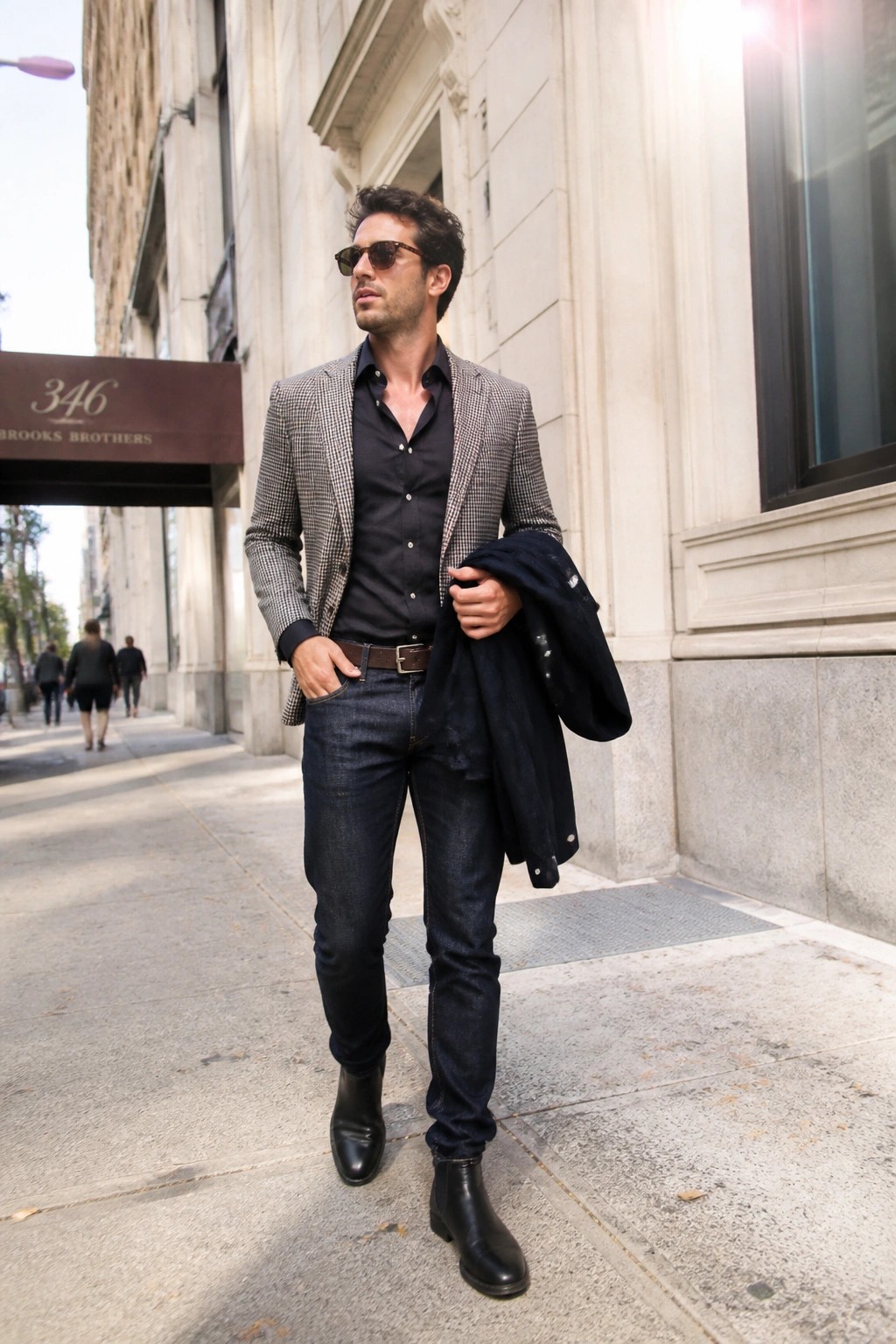 Man in checkered blazer and jeans holds dark jacket on sunny city sidewalk