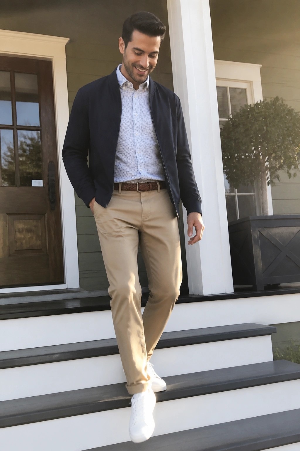 Man in navy bomber jacket, patterned shirt, and khaki pants on porch steps