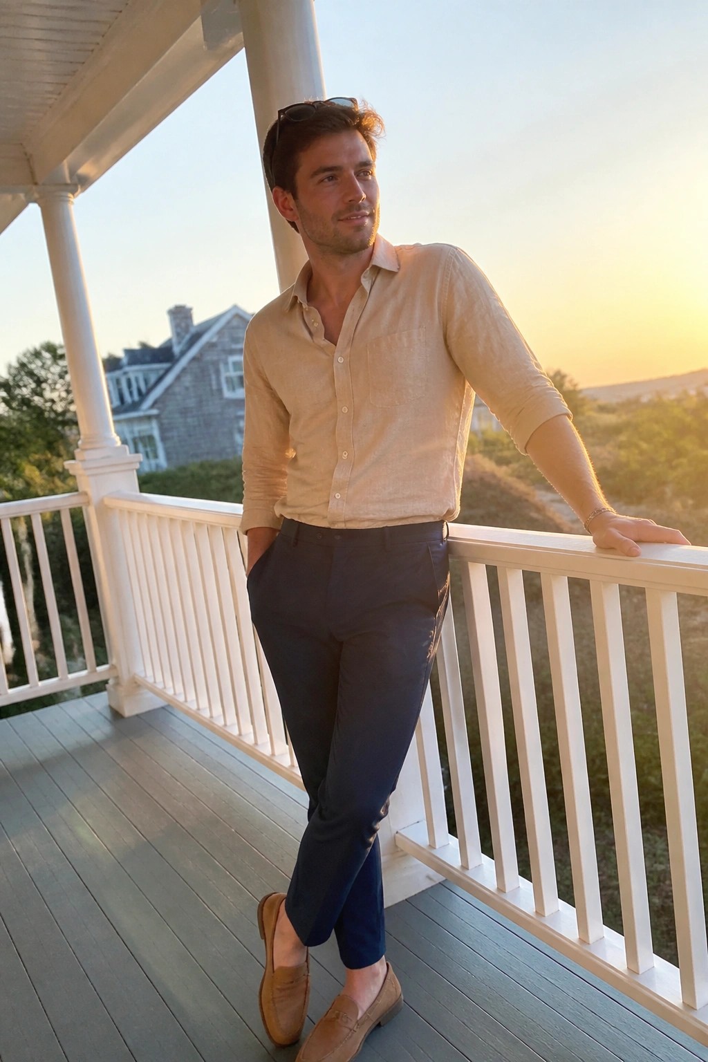 Man in beige shirt and navy pants leaning on white porch railing at sunset