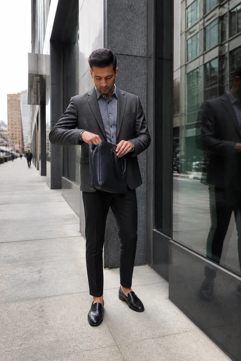Man in gray suit adjusting black leather bag on city sidewalk