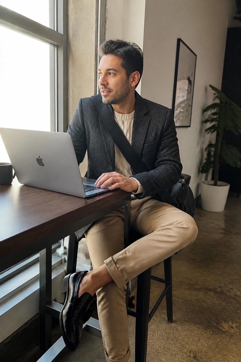 Man in patterned blazer uses silver MacBook at wooden table by window.