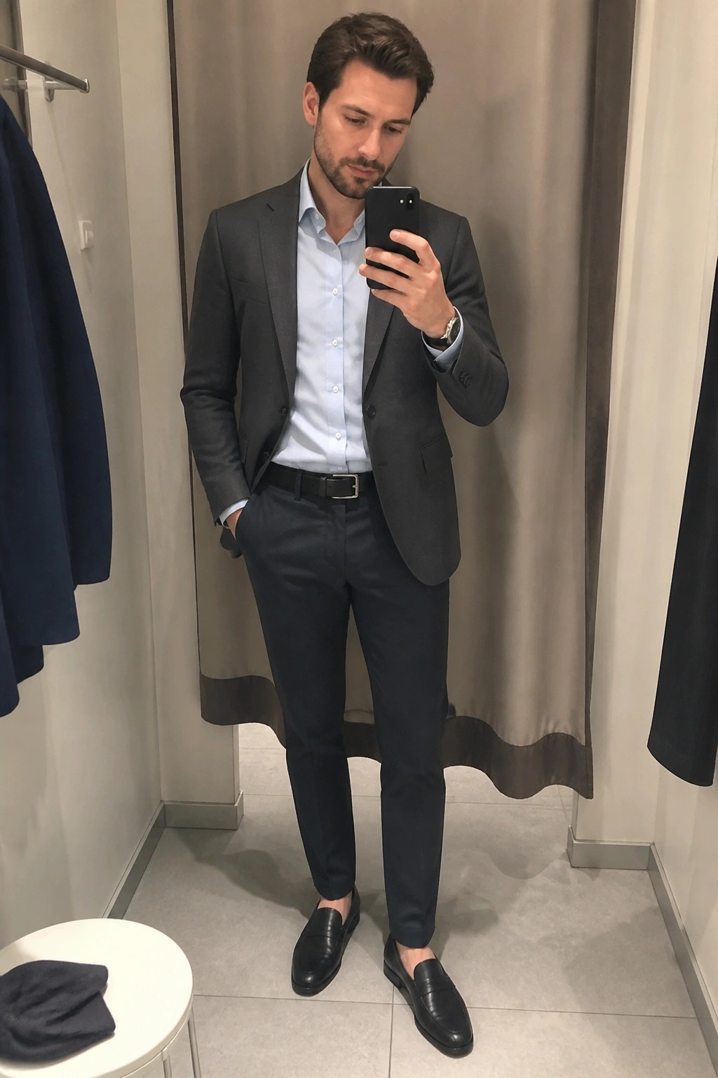 Man in gray suit jacket and light blue shirt taking mirror selfie in fitting room