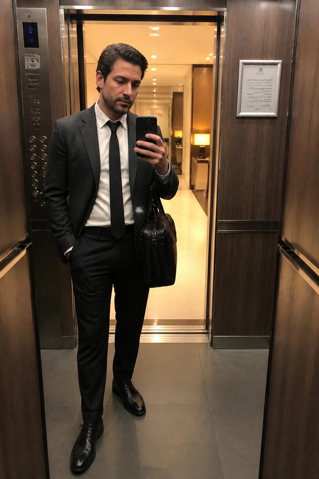 Man standing in an elevator wearing a dark gray blazer over a white dress shirt with black tie and black trousers, holding a black smartphone while carrying a black leather bag over one shoulder.