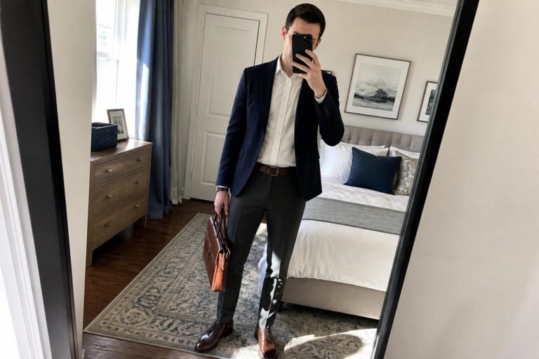 Man in navy blazer and white shirt holds brown briefcase in bedroom mirror selfie