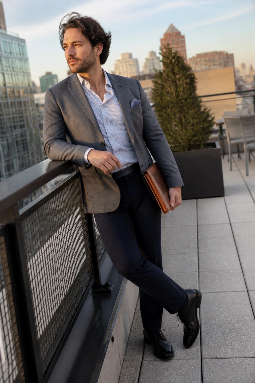 Man in gray suit and striped shirt holding leather portfolio on city rooftop terrace