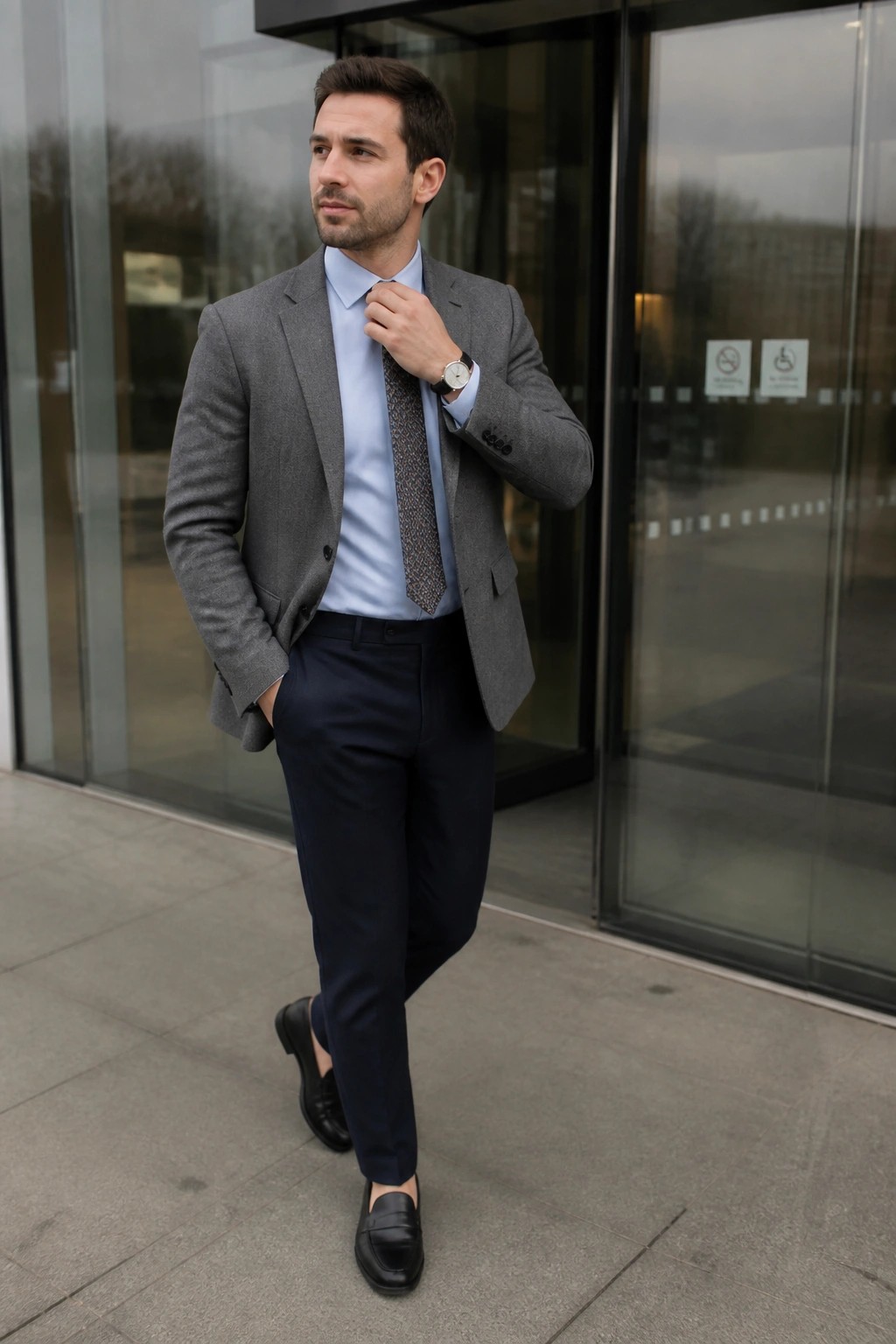 Man in gray blazer adjusting tie outside glass building doors