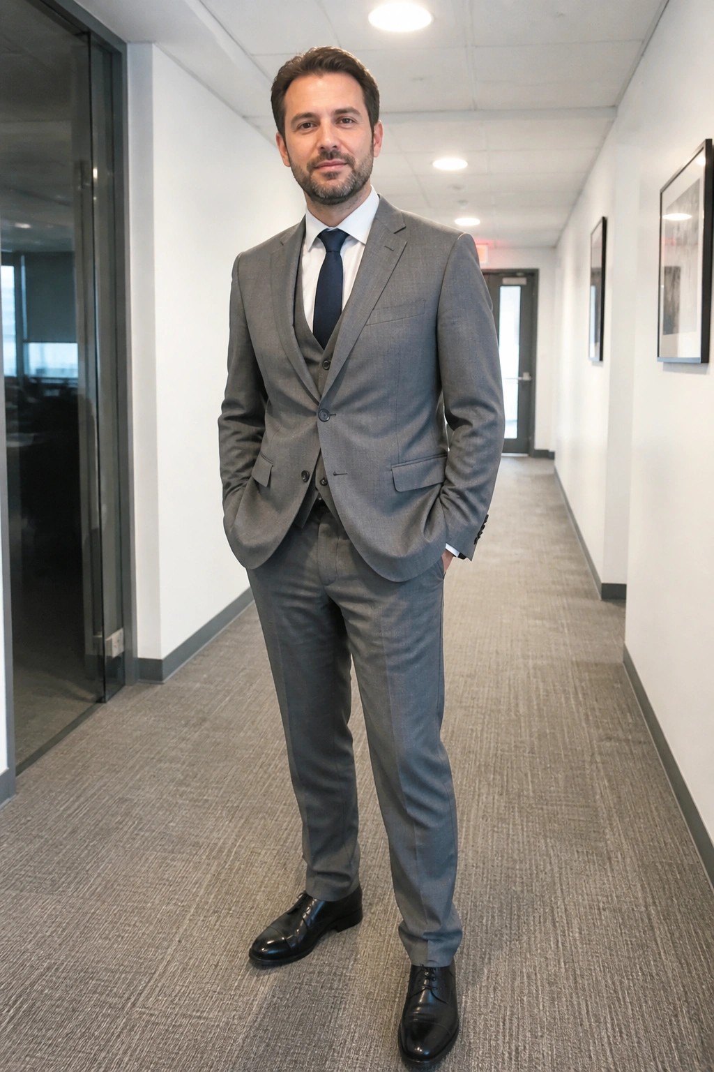 Man in gray three-piece suit stands with hands in pockets in office hallway.