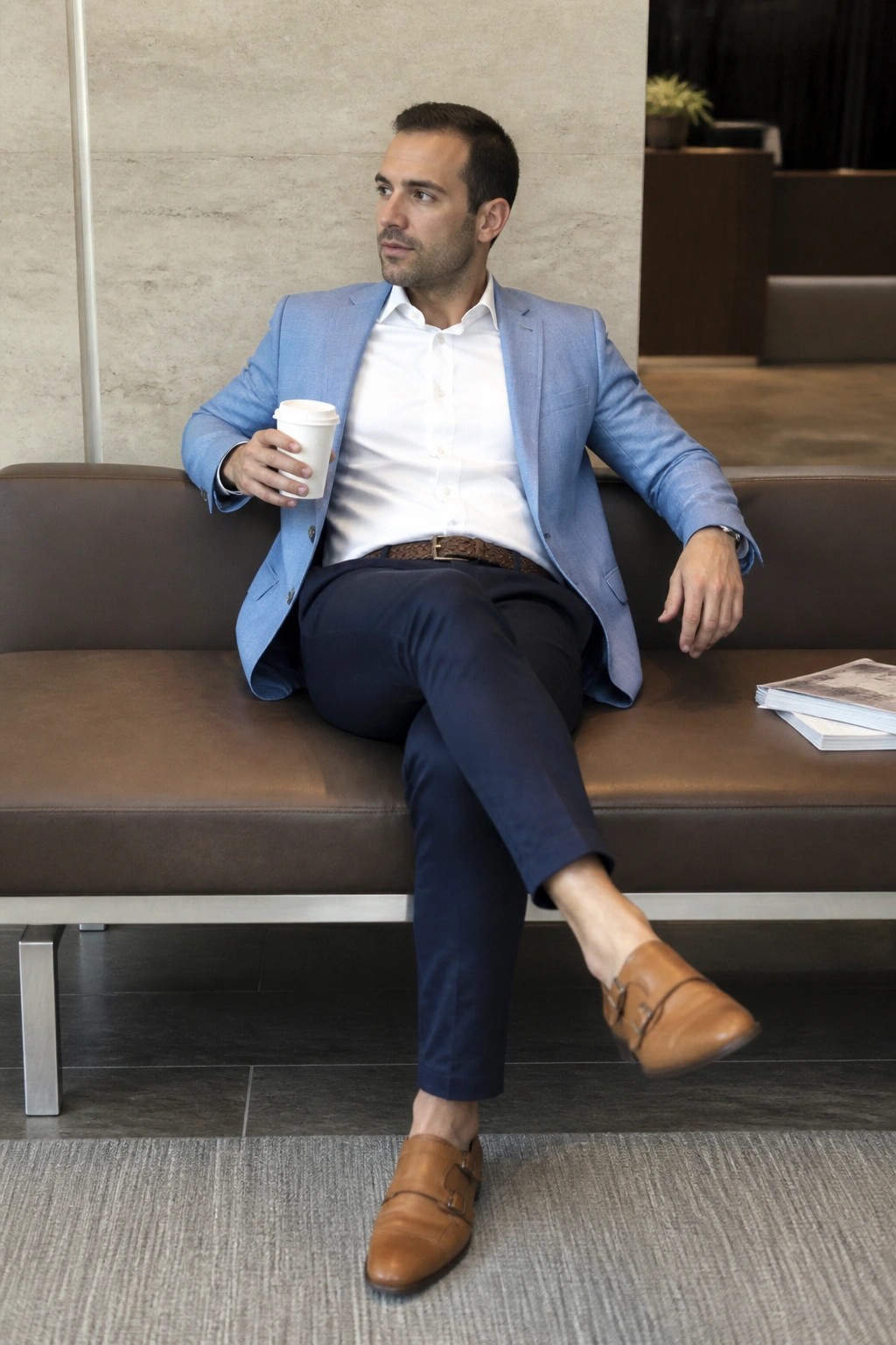 Man in blue blazer holding coffee while seated on brown leather couch