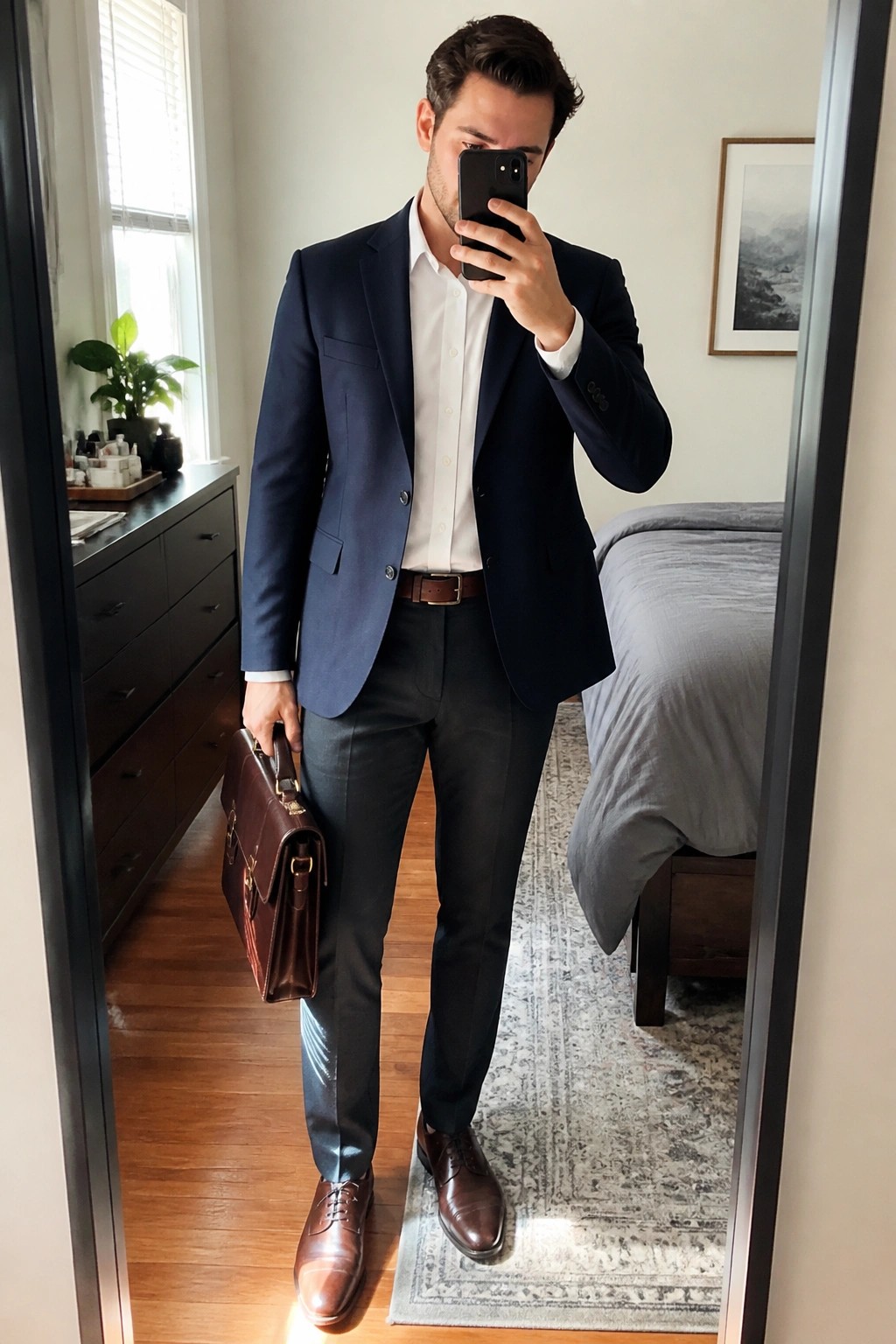 Man in navy blazer and white shirt holds brown briefcase in bedroom mirror selfie