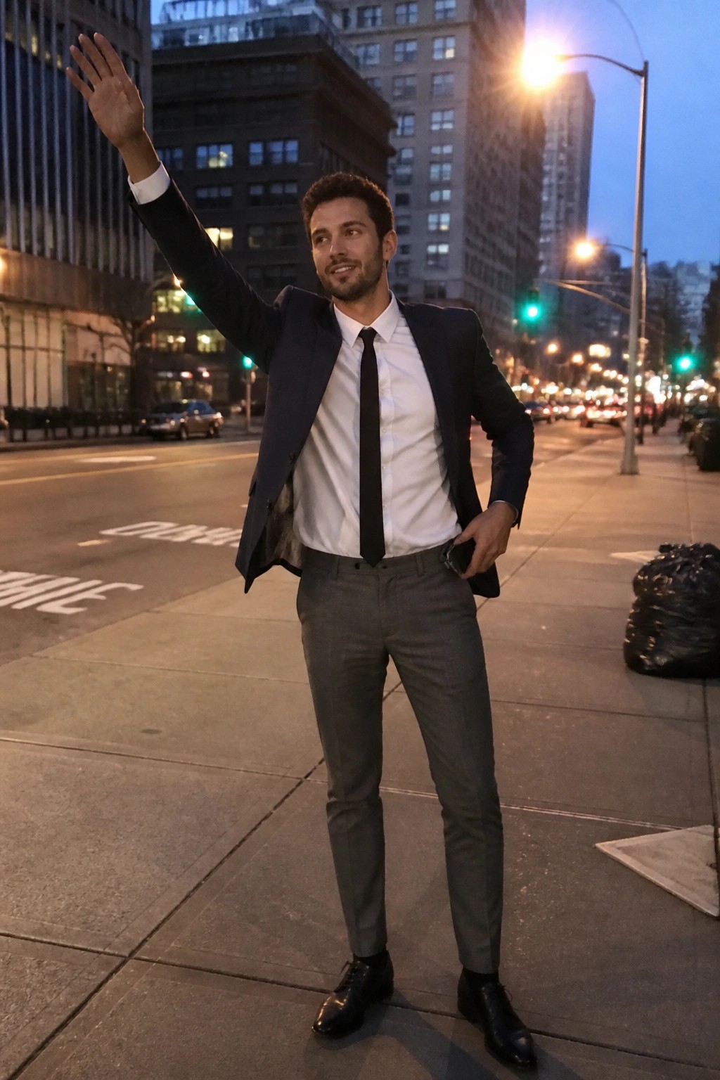 Man in navy blazer and tie waves on city sidewalk at dusk