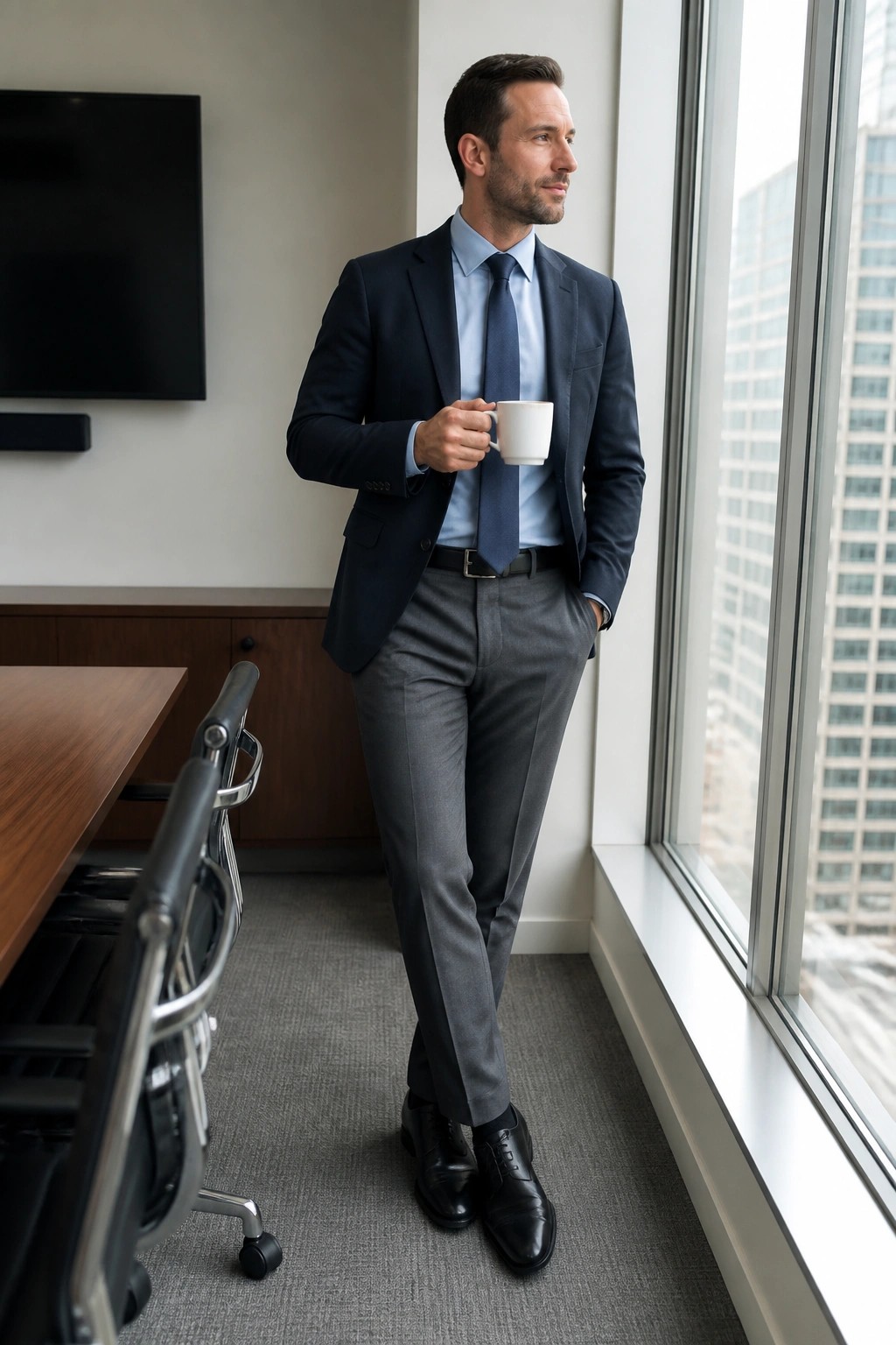 Businessman in navy suit holds white mug by office window overlooking city.