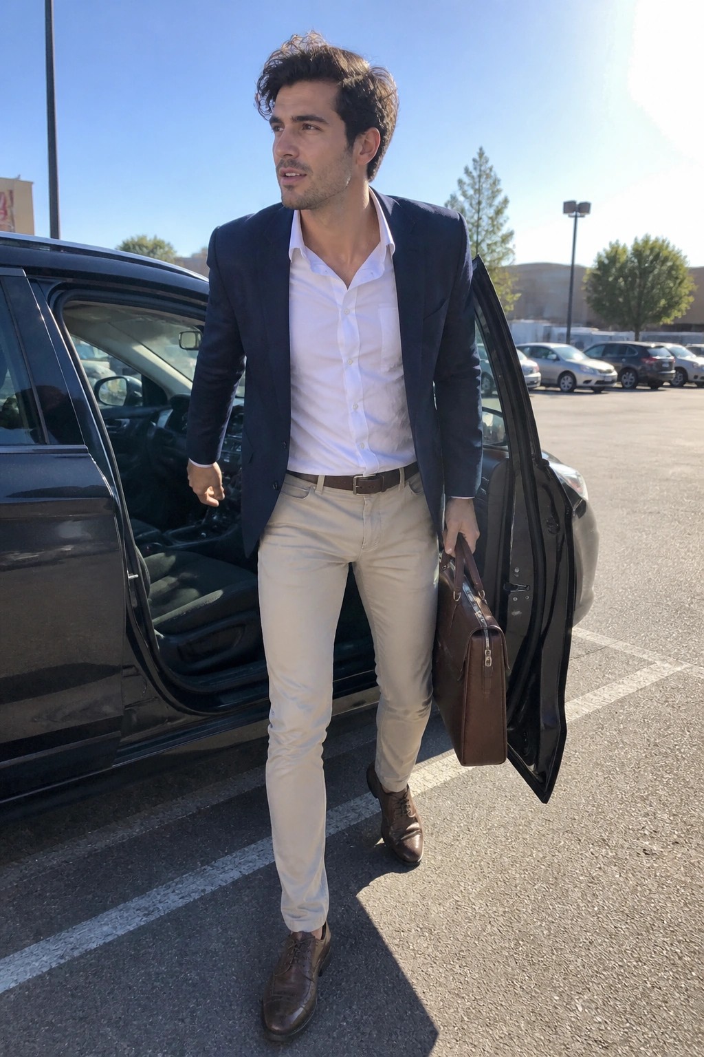 Man in navy blazer and beige pants holding briefcase beside open black car door