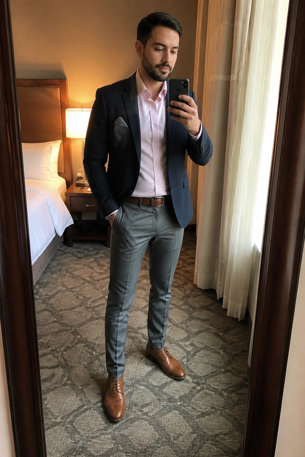Man wearing a navy blazer over a pink button-down shirt with gray trousers, brown leather shoes and belt, and a patterned pocket square while holding a phone in a hotel room mirror selfie.