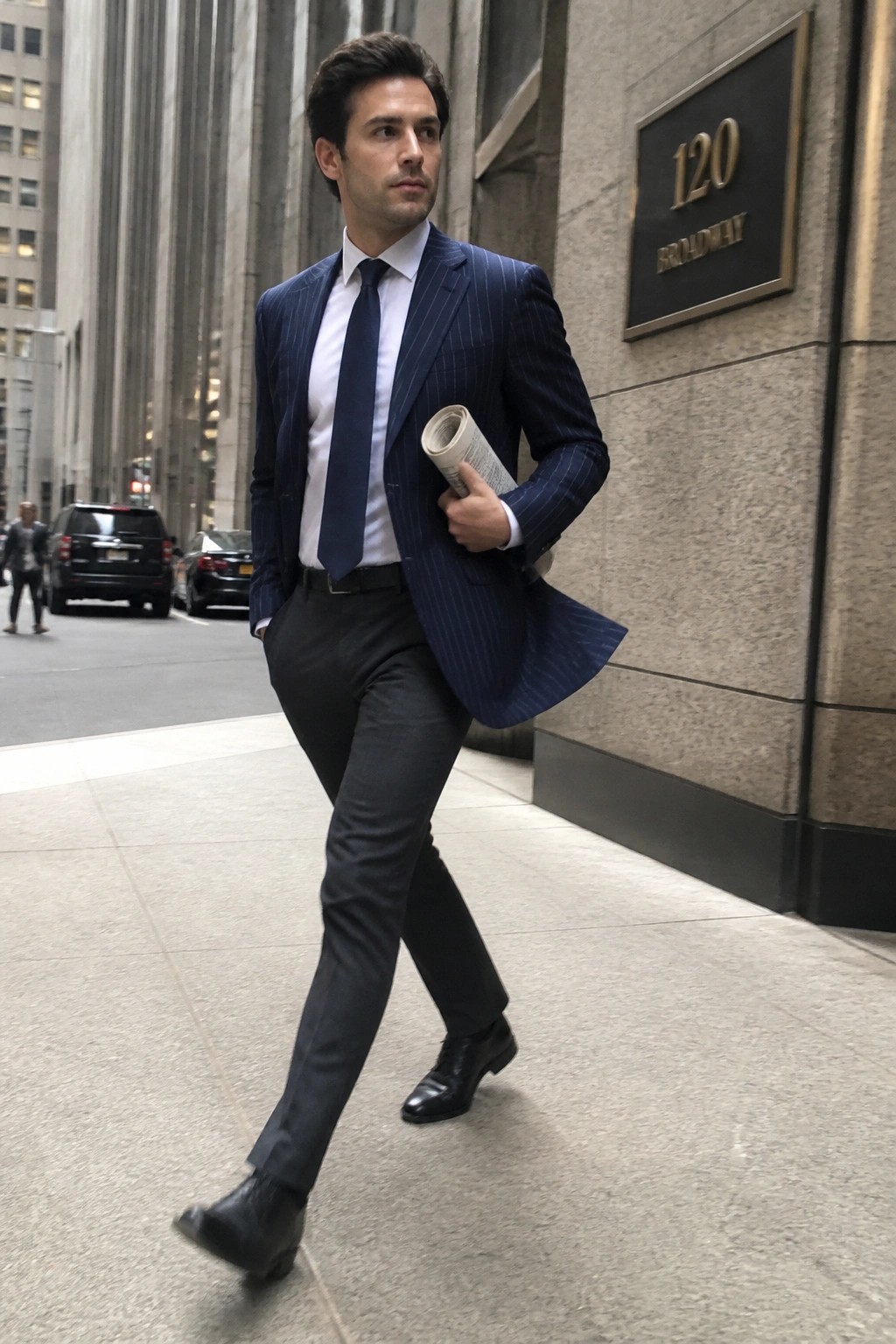 Man in navy pinstripe suit walks city sidewalk holding rolled newspaper
