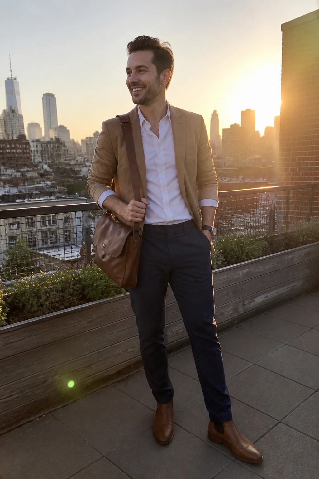 Man in tan blazer with brown leather bag on rooftop overlooking city at sunset