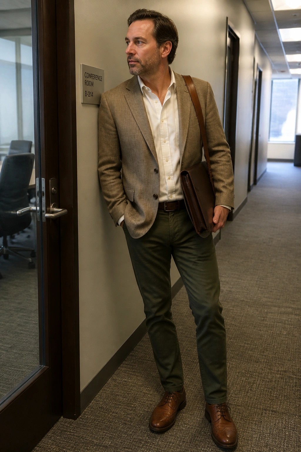 Man in brown blazer and green pants leans in office hallway holding leather bag.