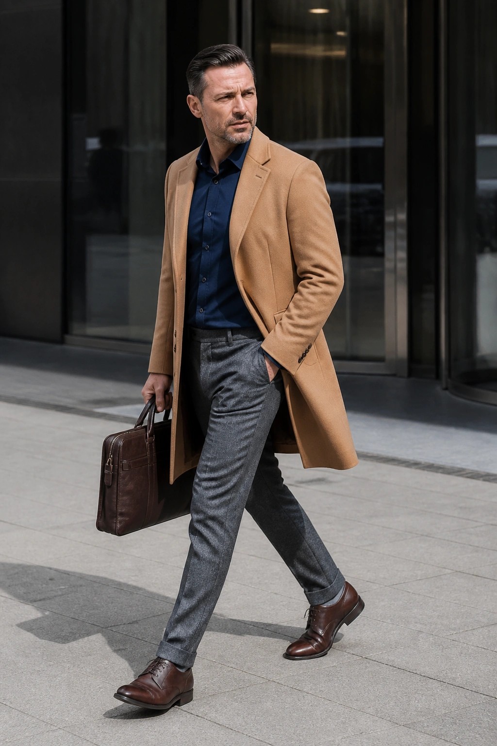 Man in a tan camel overcoat layered over a navy button down shirt and gray trousers holding a brown leather briefcase with brown leather shoes.