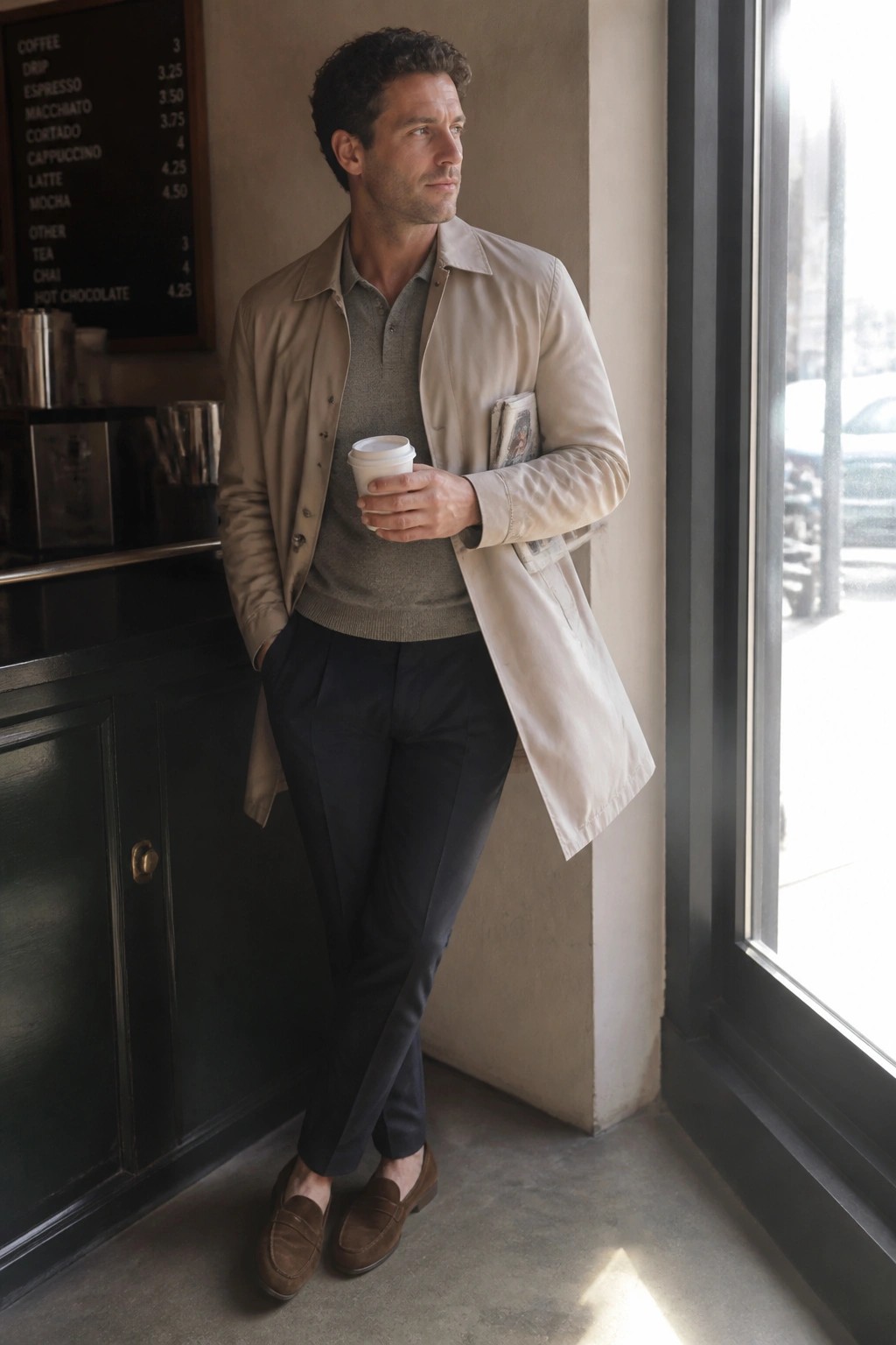 Man in beige coat over gray sweater holds coffee cup in cafe by window