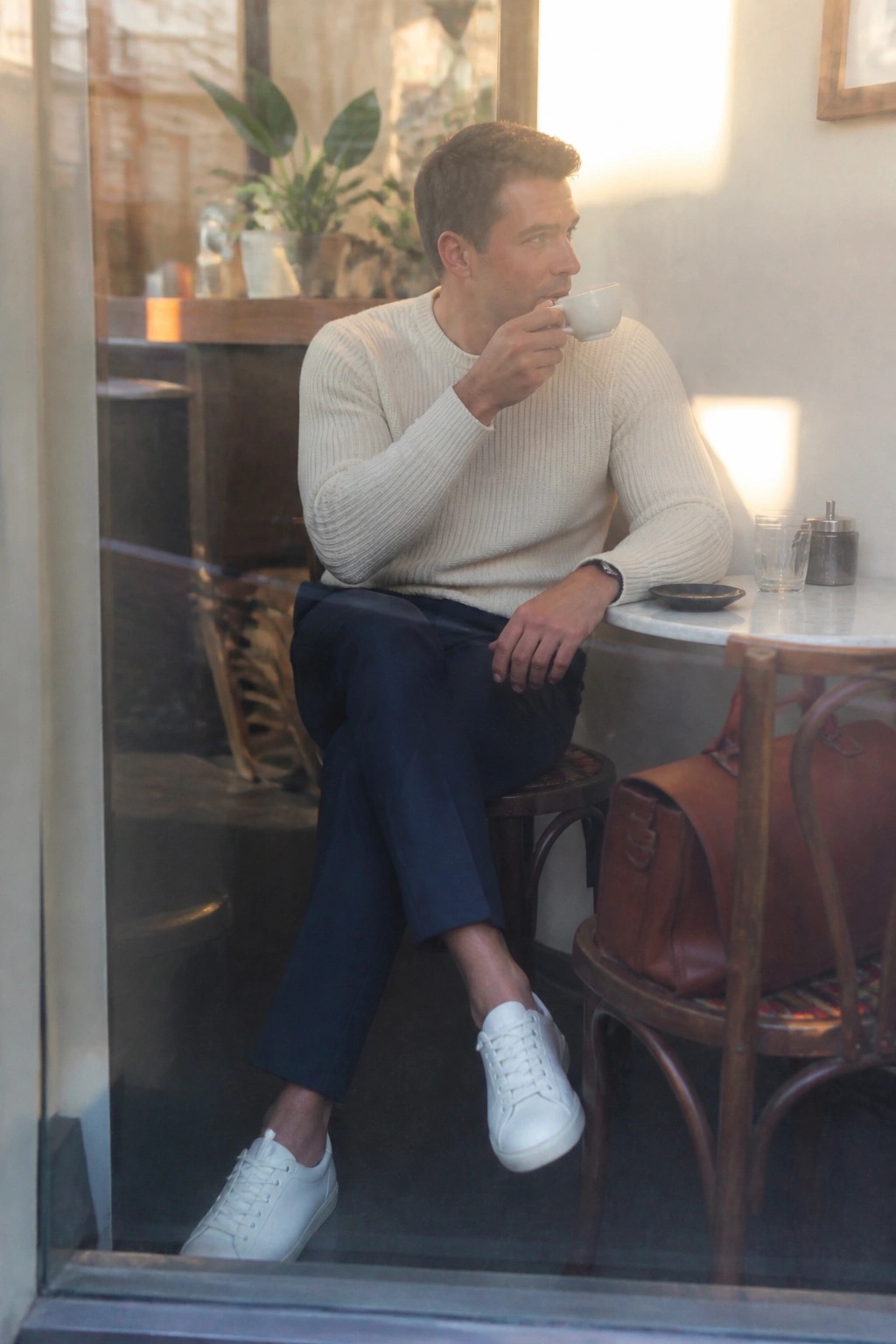 Man in cream knit sweater and white sneakers sipping coffee at cafe with leather bag