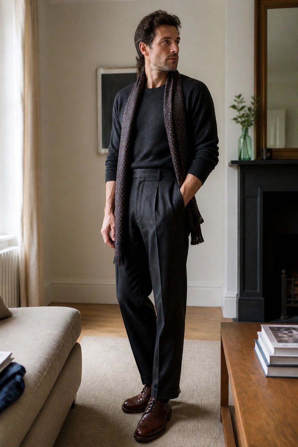 Man in dark sweater and patterned scarf with pleated trousers in living room.