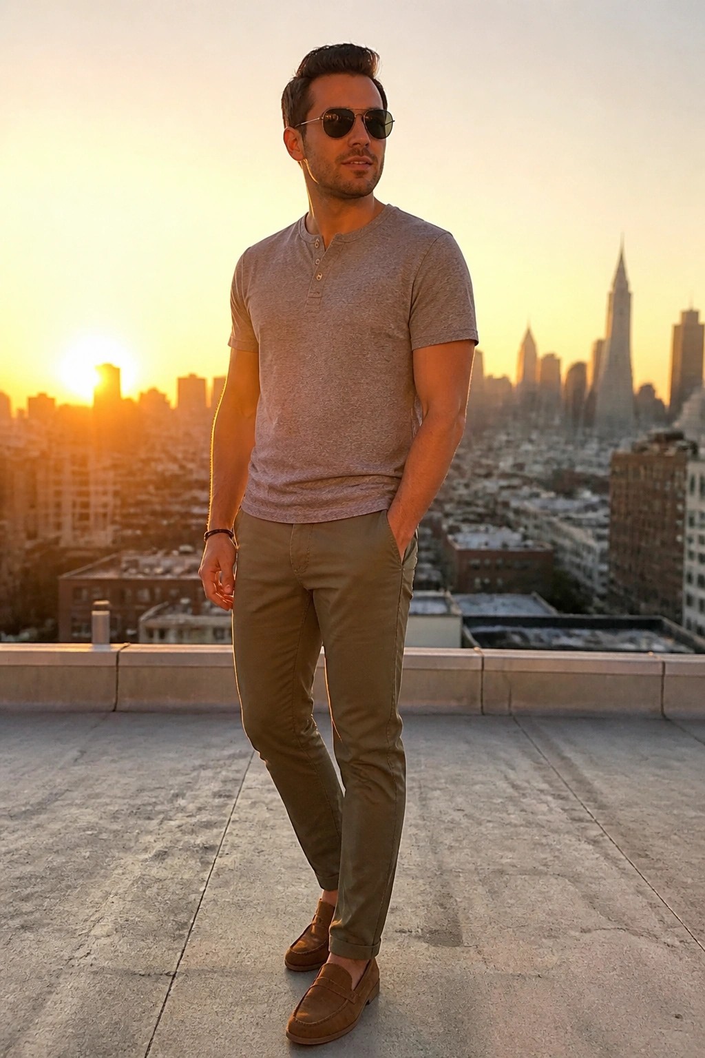 Man in gray short sleeve henley, olive chinos and brown suede loafers.