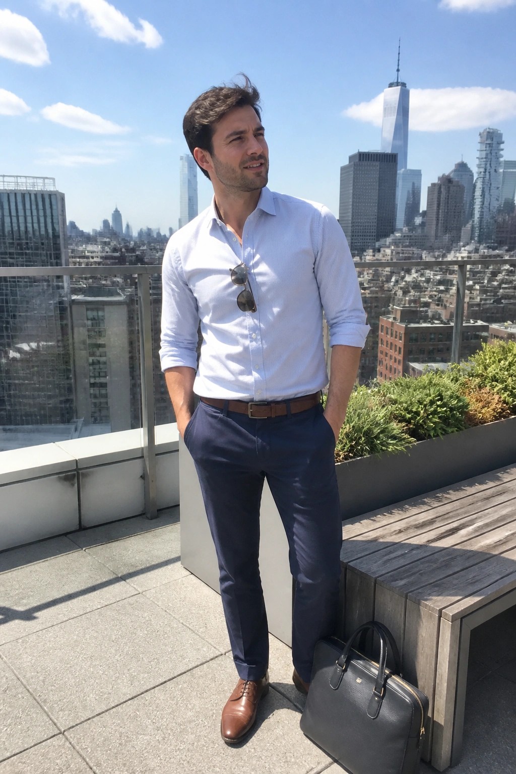 Man in light blue shirt and navy pants on sunny NYC rooftop with briefcase