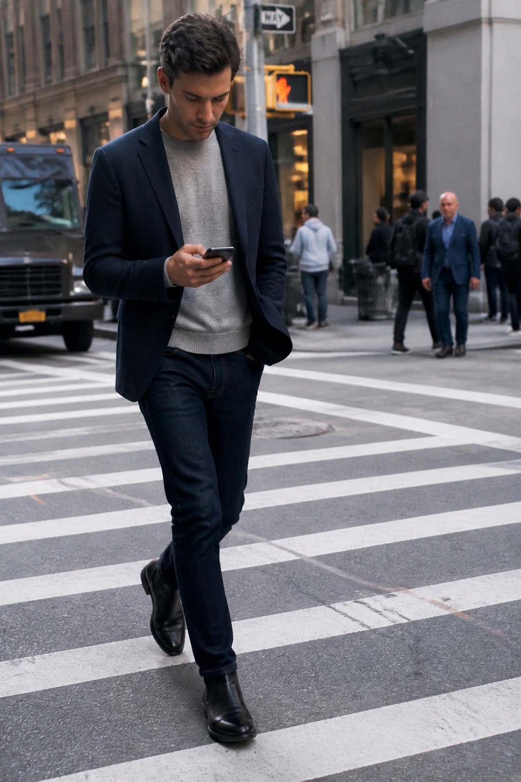 Man in navy blazer and gray sweater checking phone on crosswalk