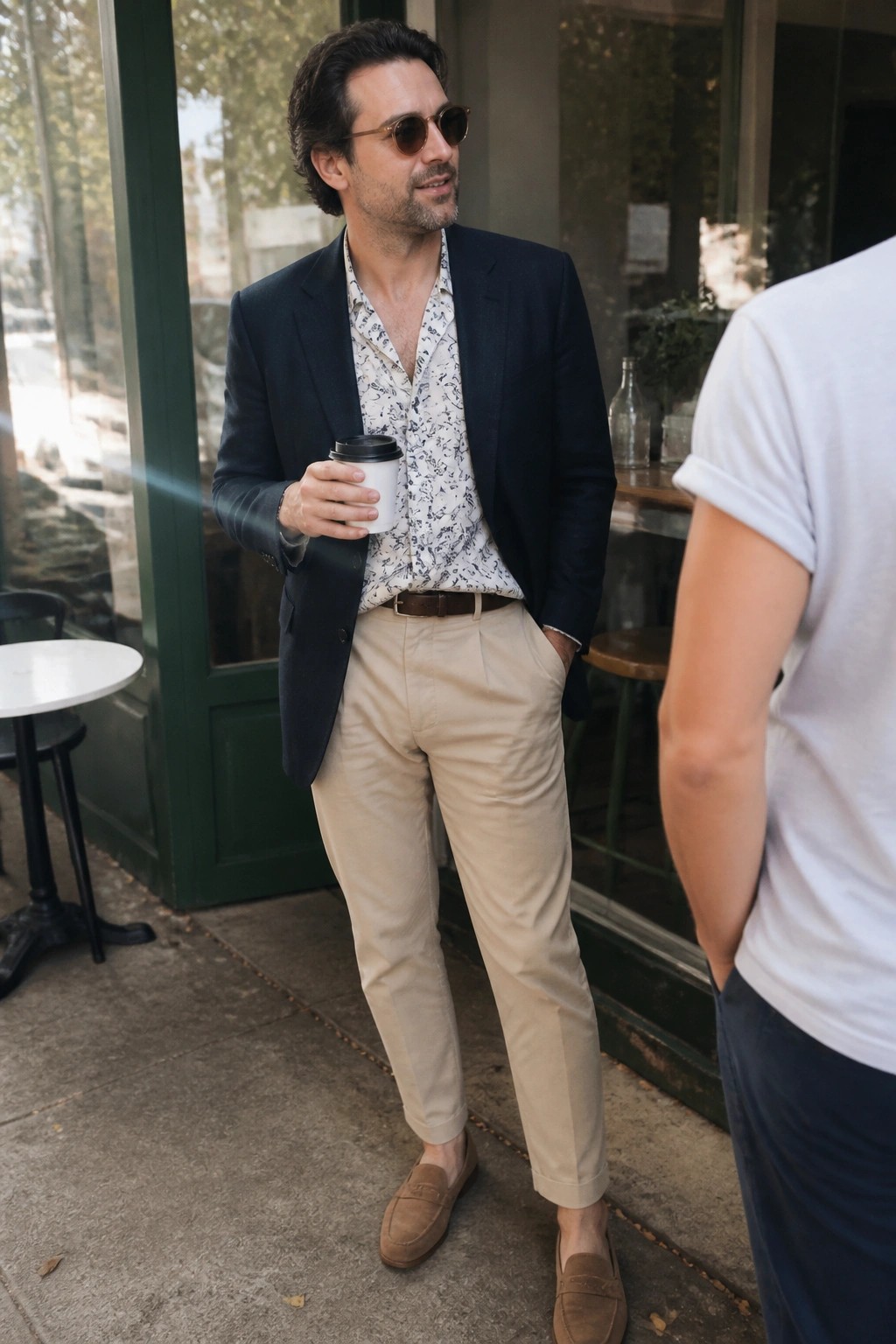 Man wearing a navy blazer over a white shirt with blue floral print, paired with beige pants, brown belt, and brown suede loafers while holding a coffee cup outdoors.