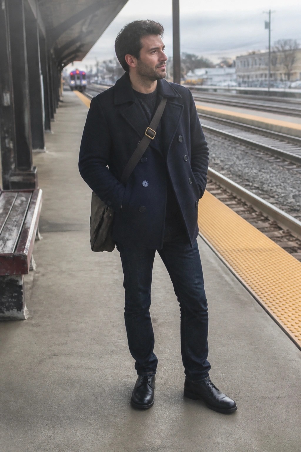 Man in navy peacoat with messenger bag stands on train platform near tracks.