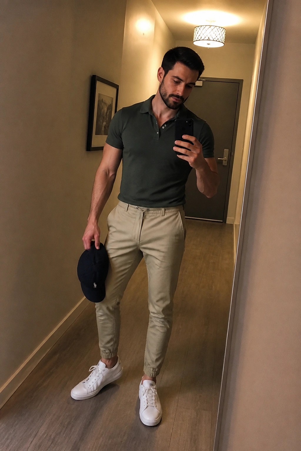 Man in green polo shirt and beige pants takes mirror selfie holding cap.