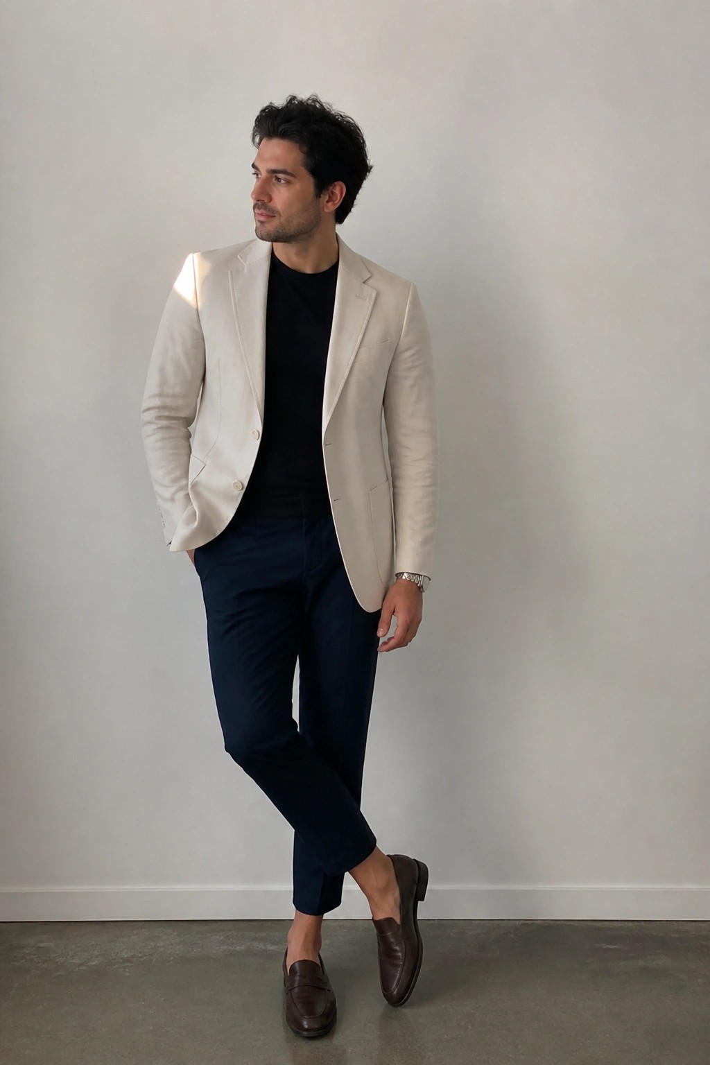 Stylish man in beige blazer, black shirt, navy pants, and brown loafers.