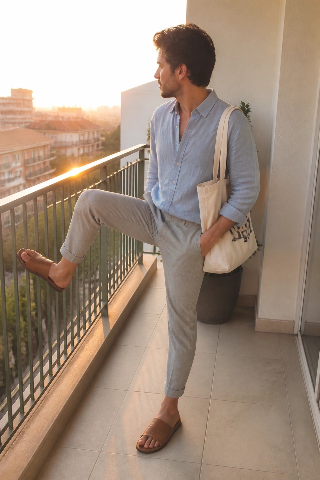 Man in blue shirt and gray pants with tote bag on balcony at sunset