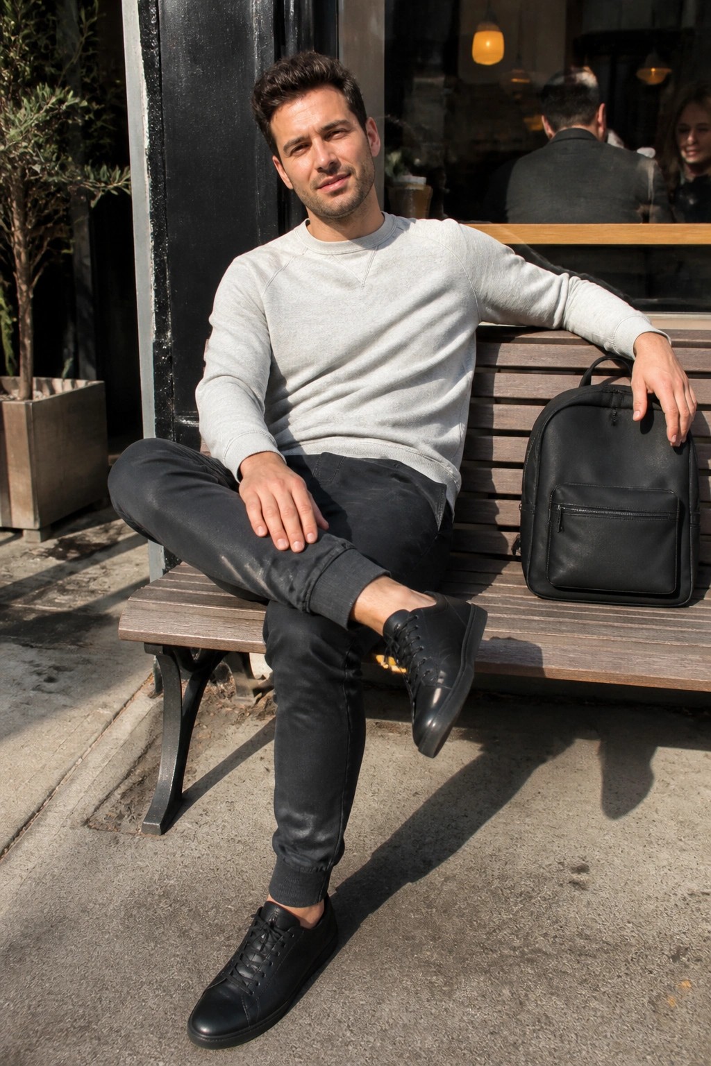Man in gray sweatshirt and black pants on wooden bench beside black backpack