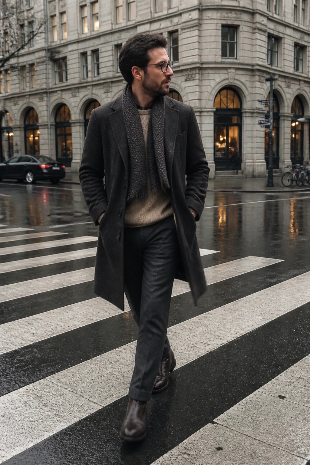 Man in gray overcoat and scarf crossing wet city crosswalk at dusk