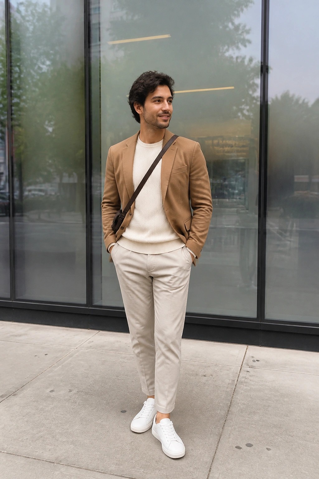 Man in tan blazer over white sweater with beige pants and white sneakers on sidewalk